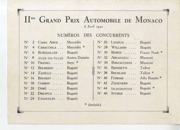 For sale: 1930 GRAND PRIX MONACO-LISTE DES PARTICIPANTS DU IIe GRAND PRIX  DE MONACO