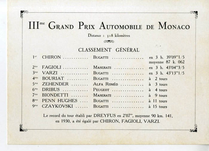 For sale: 1931 GRAND PRIX MONACO-CLASSEMENT GENERAL DU IIIe GRAND PRIX AUTO DE MONACO