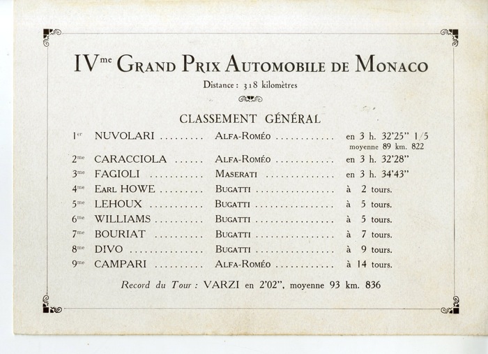 For sale: 1932 GRAND PRIX MONACO-CLASSEMENT GÉNÉRAL DU IVe GRAND PRIX