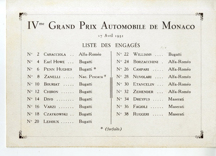 For sale: 1932 GRAND PRIX MONACO-LISTE DES ENGAGÉS DU IVe GRAND PRIX