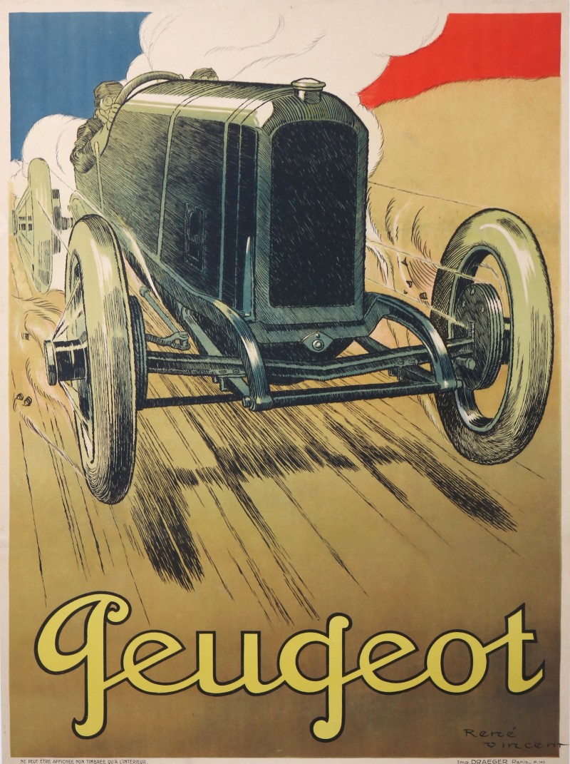 For sale: BELLE AFFICHE VOITURE DE COURSE 1912 PEUGEOT // DRAPEAU BLEU BLANC ROUGE