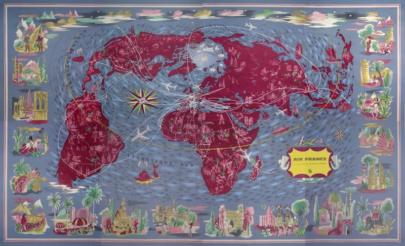 For sale: LUCIEN BOUCHER – PLANISPHÈRE AIR FRANCE MONUMENTAL, “LE PLUS GRAND RÉSEAU DU MONDE”, 1961 – LITHOGRAPHIE EN 8 FEUILLES S