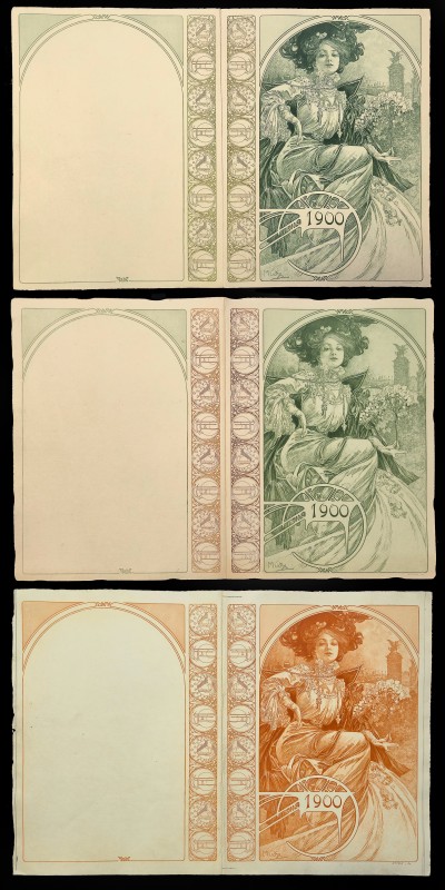 For sale: MUCHA RARE ENSEMBLE 3 ÉPREUVES D'ESSAI DE PROGRAMMES POUR LE BANQUET OFFICIEL DE L'EXPOSITION UNIVERSELLE DE PARIS 1900