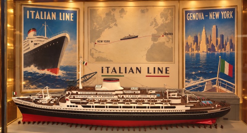 For sale: CRISTOFORO COLOMBO — MAQUETTE D’AGENCE Società di Navigazione ITALIAN LINE AVEC SON  QUAI ET GRUE DE DECHARGEMENT